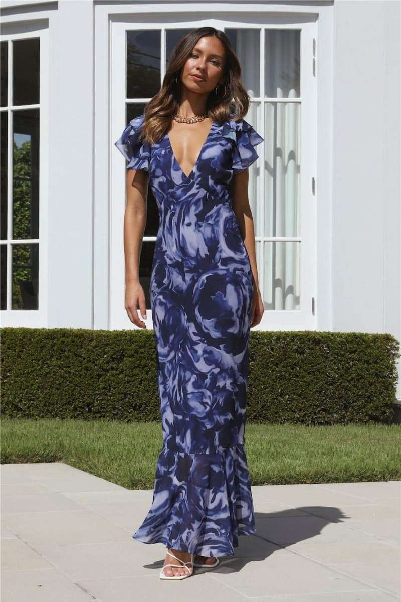 Vestido largo con volantes y cuello en V estampado Cecil 