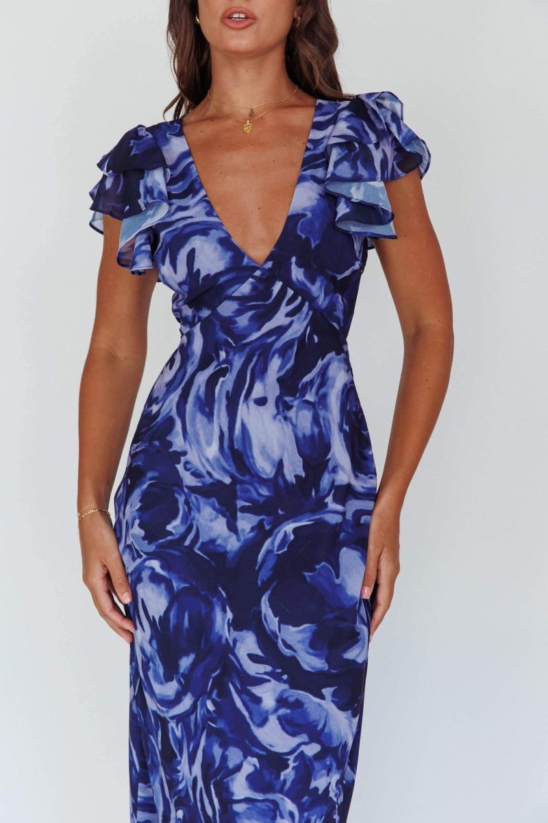 Vestido largo con volantes y cuello en V estampado Cecil 
