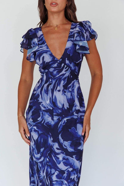 Vestido largo con volantes y cuello en V estampado Cecil 