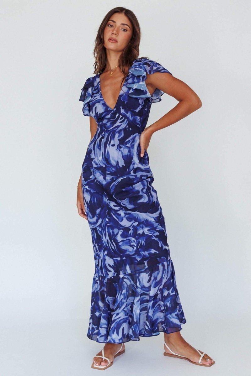 Vestido largo con volantes y cuello en V estampado Cecil 