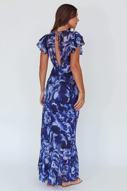 Vestido largo con volantes y cuello en V estampado Cecil 