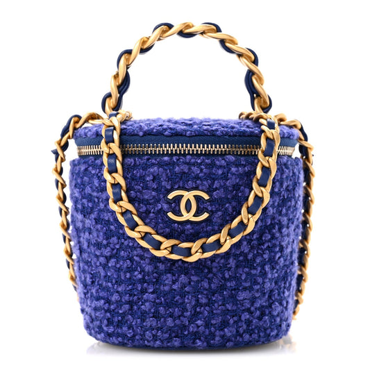 Tweed Quilted Afternoon Tea Top Handle Vanity Case With Chain Purple