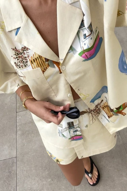 Conjunto de minifalda cruzada de tiro alto y camisa de manga corta con estampado único de mezcla de lino Kea