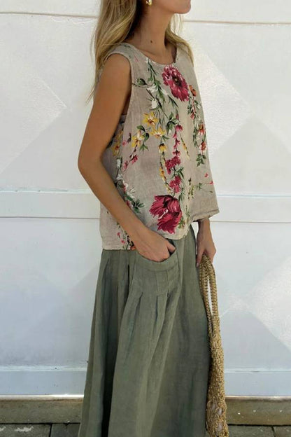 Conjunto de dos piezas de camiseta y falda de algodón y lino con estampado informal 