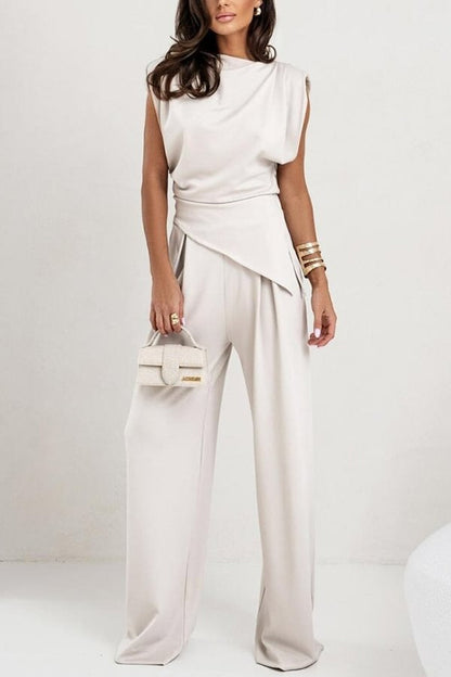 Conjunto de top fruncido con abertura en los hombros y pantalones anchos con bolsillos y cintura elástica de Jordy 