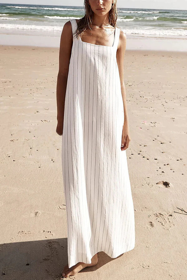 Vestido largo sencillo y deslumbrante de mezcla de lino con detalle de raya diplomática y escote cuadrado.