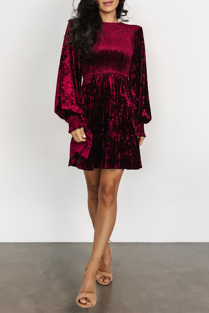 Vestidos casuales de terciopelo con volantes y cuello redondo, corte A (4 colores)