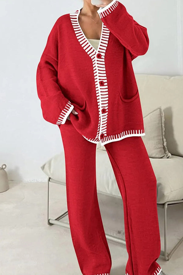 Conjunto de cárdigan informal de punto de manga larga con bolsillos y pantalones anchos y holgados con cintura elástica.