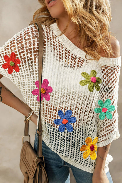Camiseta de punto suelto con flores de colores y crochet ahuecado 