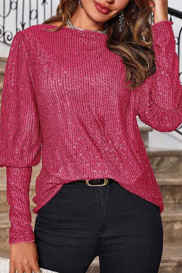 Top holgado de manga larga con cuello redondo y lentejuelas de color liso