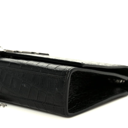 Calfskin Crocodile Embossed Medium Classic Monogram Kate Tassel Satchel Black