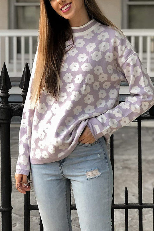 Suéter de punto con estampado floral y cuello alto, suéter ligero con bloques de color