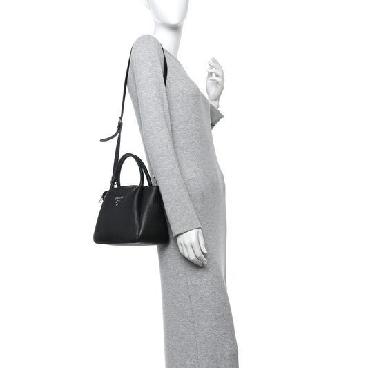 Vitello Daino Soft Small Zippered Top Handle Bag Black