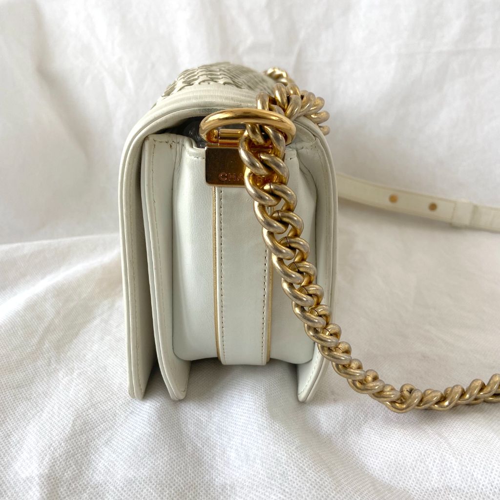 Chanel  White/Gold Woven Leather Small Reverso Boy Flap Bag