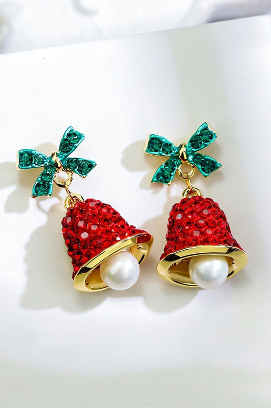 Pendientes colgantes con cascabeles y lazo navideño 