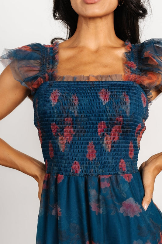 Clementine Tulle Midi Dress | Persian Blue + Rust