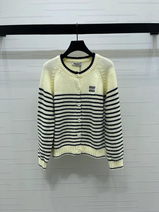 Miu 2026 Striped Knit Crew Neck Long-sleeved Cardigan Wool