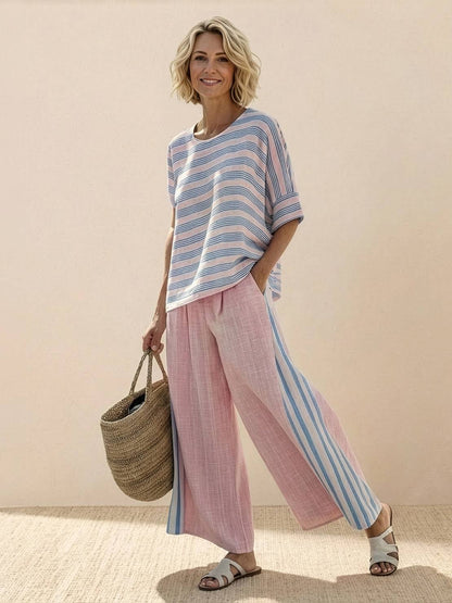 Paloma | Women's Casual Striped Wide-Leg Pants and Tee Two-Piece Set