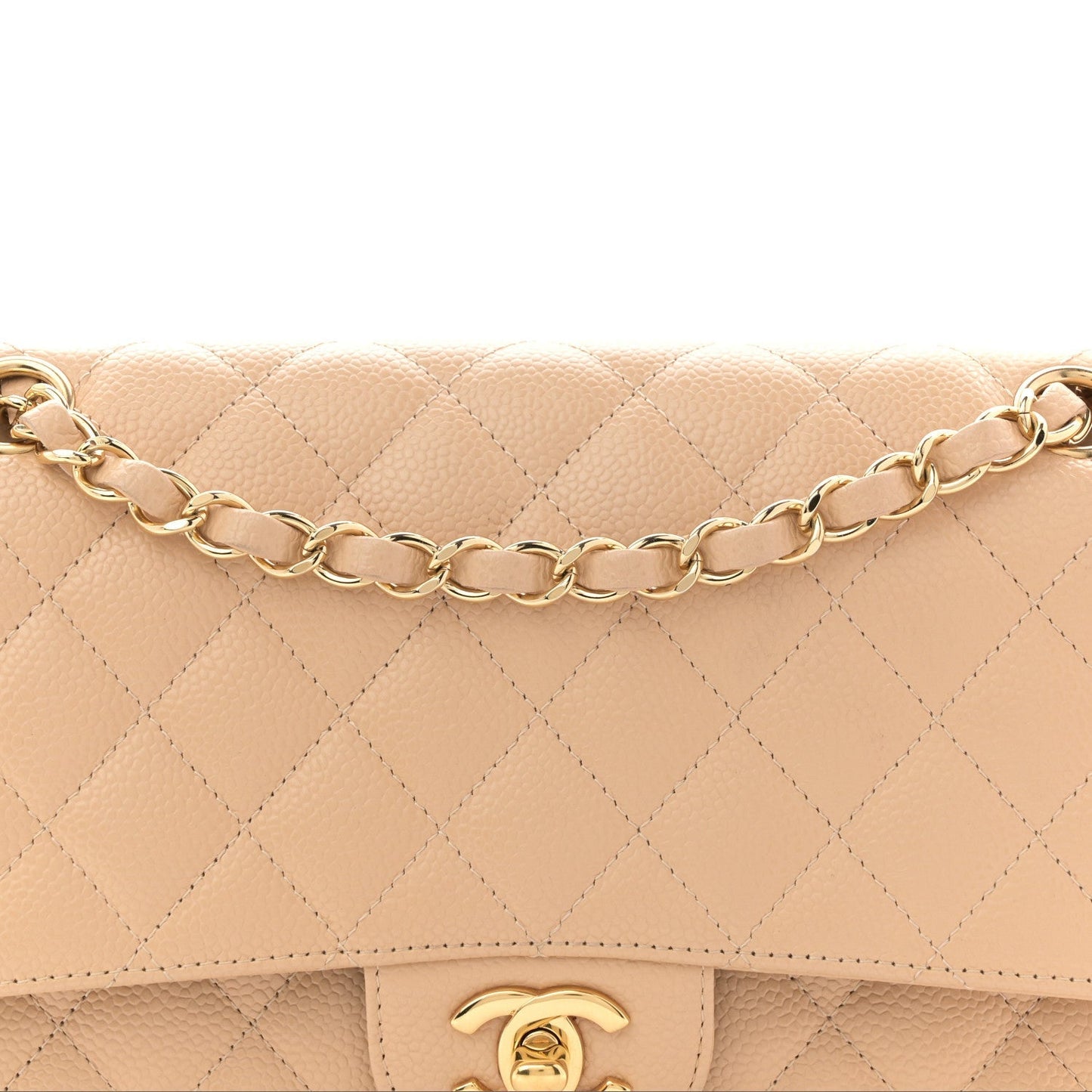 Caviar Quilted Medium Double Flap Beige