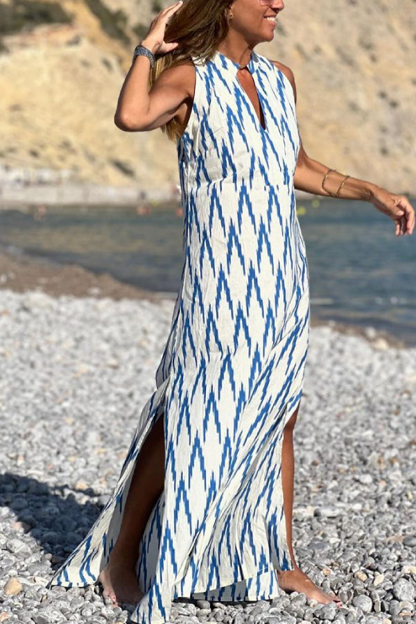 Vestido largo casual sin mangas con estampado azul