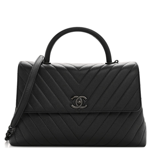 Caviar Chevron Quilted Medium Coco Handle Flap So Black