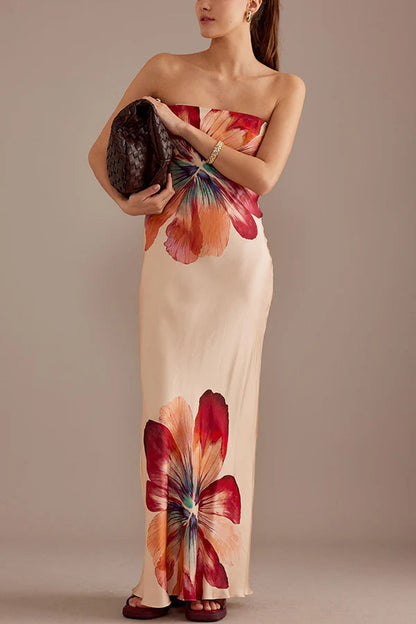 Vestido largo bandeau holgado con estampado floral de satén para dama encantadora