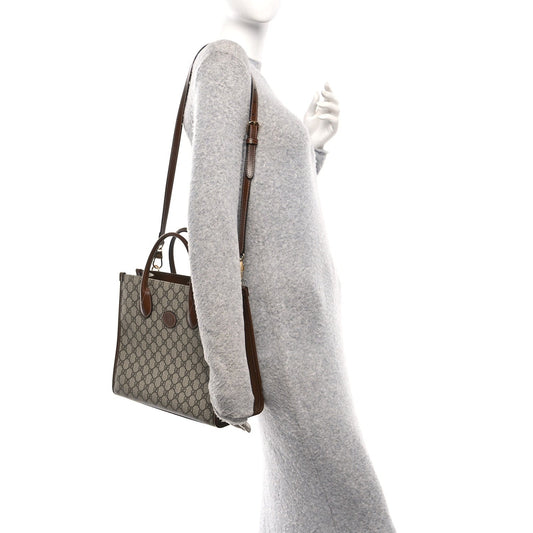 GG Supreme Monogram Azalea Calfskin Small Retro Interlocking G Tote Bag Beige Ebony Brown Sugar