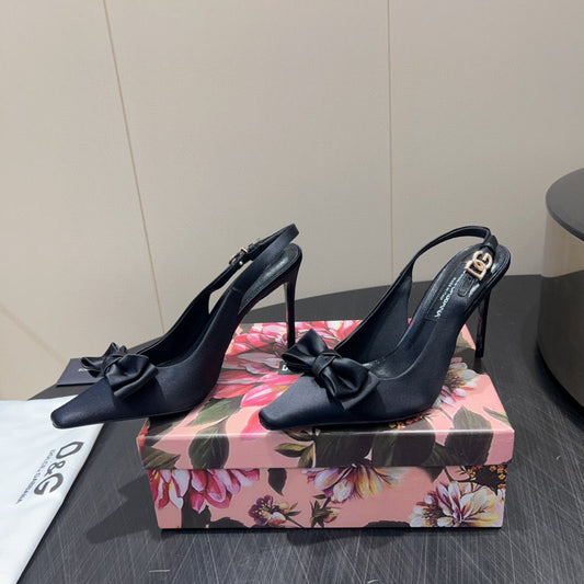 DG Bow Slingbacks 10cm High Heel Black Silk