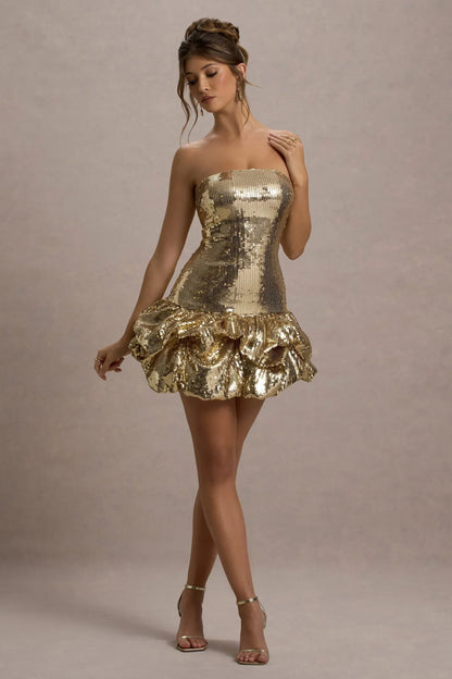 Mirabelle | Gold Sequin Bandeau Mini Dress With Puff Hem