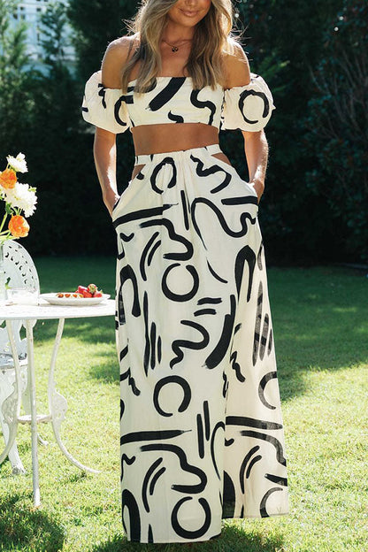 Conjunto de top corto con hombros descubiertos y falda larga con bolsillos y estampado Doodle de Allegra