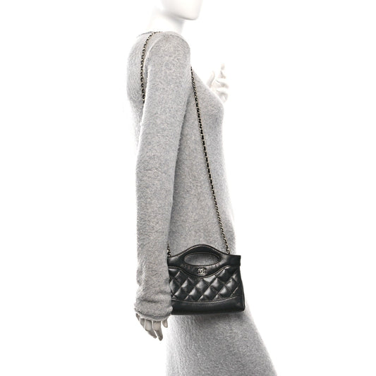 Shiny Crumpled Calfskin Quilted Nano 31 Shopping Bag Black