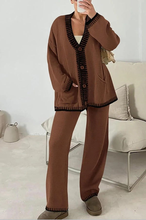 Conjunto de cárdigan informal de punto de manga larga con bolsillos y pantalones anchos y holgados con cintura elástica.