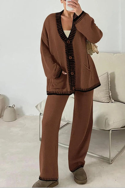 Conjunto de cárdigan informal de punto de manga larga con bolsillos y pantalones anchos y holgados con cintura elástica.