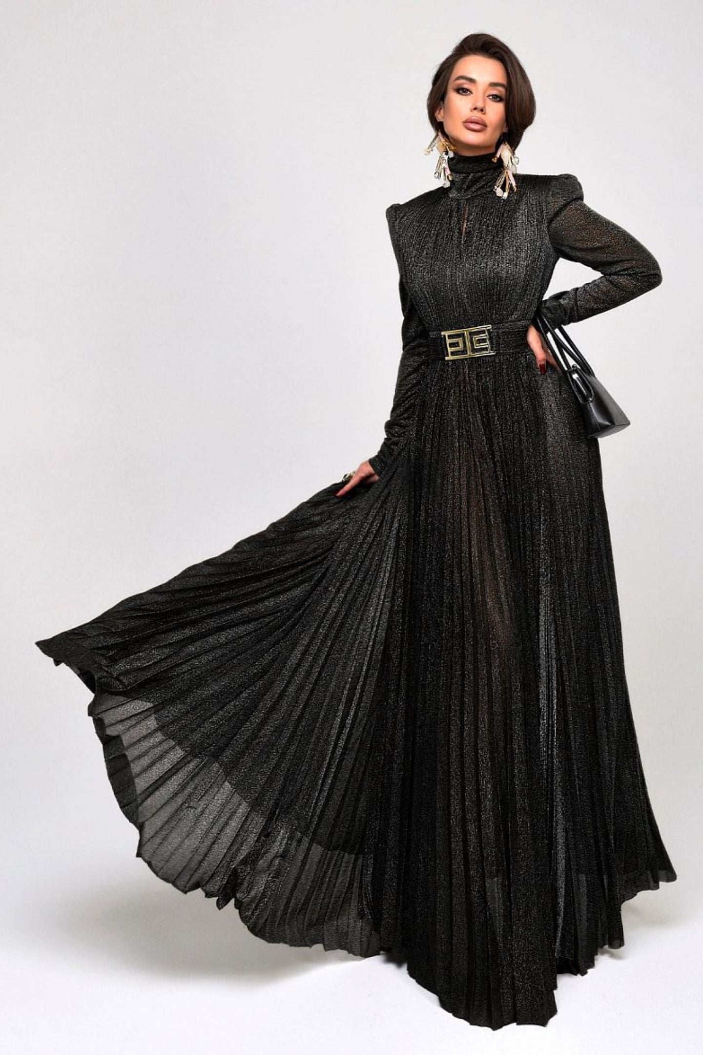 Vestido largo plisado con cinturón metalizado Elsie 