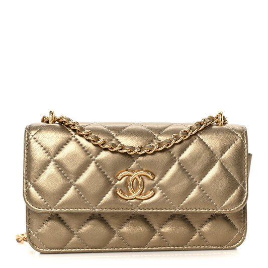 Metallic Lambskin Quilted Dynasty Flap Phone Holder With Chain Gold