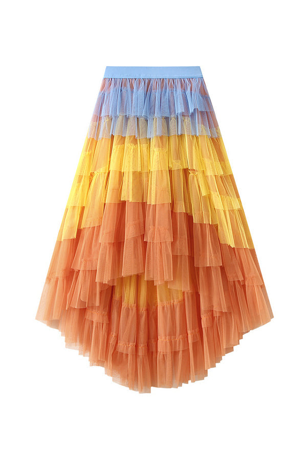 Falda de pastel irregular, falda de malla de cintura alta