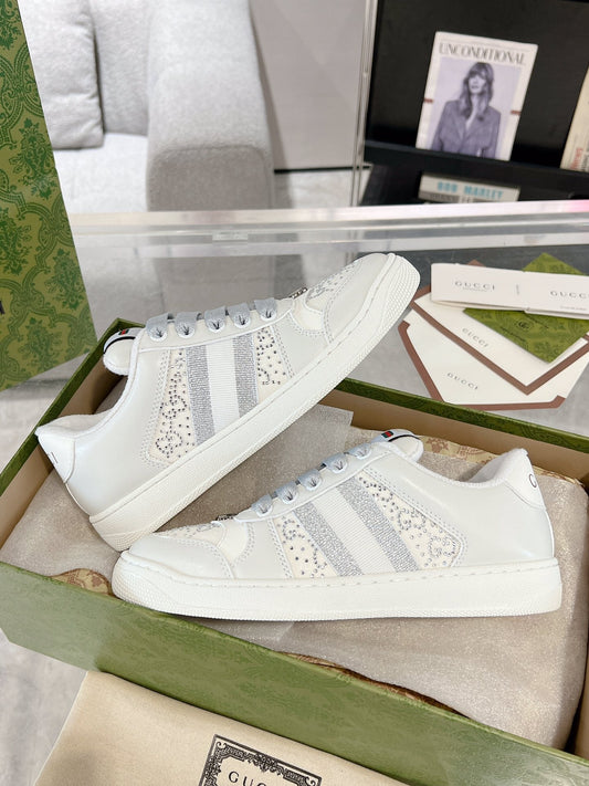 Gucci 2025 Screener Sneaker White Gray Leather Canvas 758539