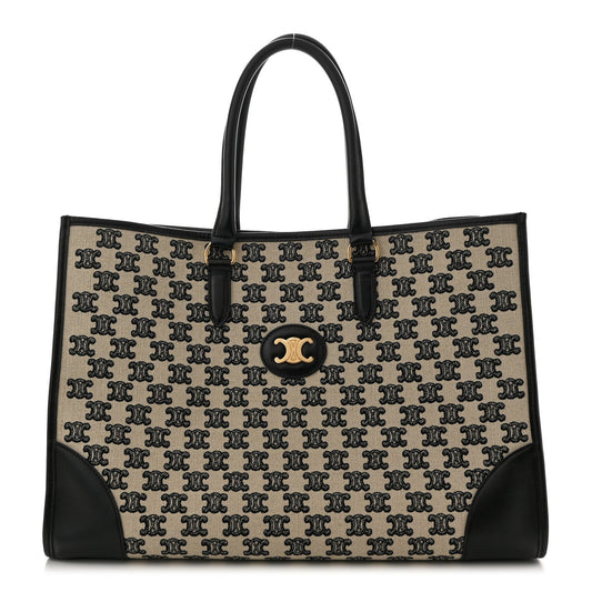 Canvas Calfskin Triomphe Embroidered Horizontal Cabas Black