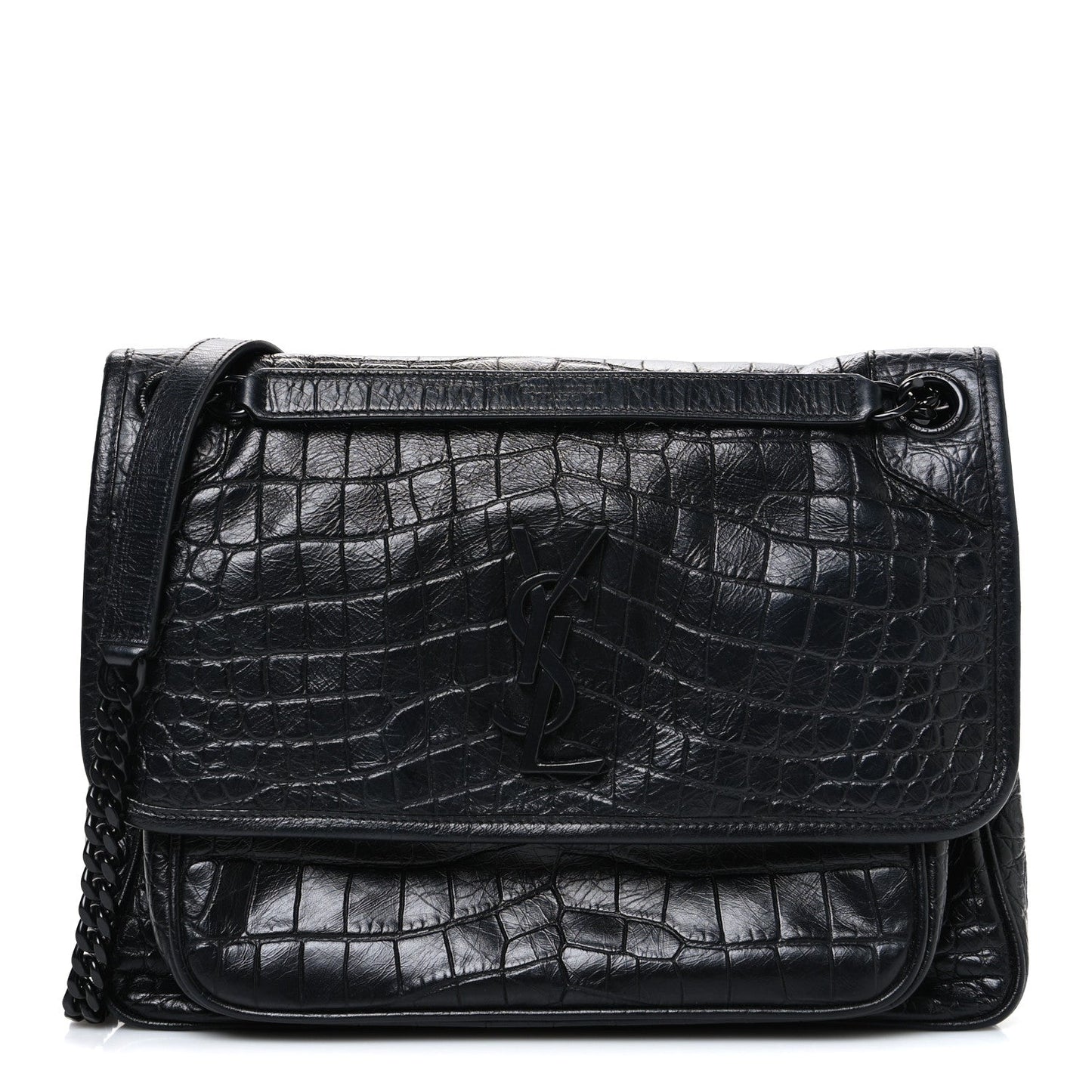 Crocodile Embossed Lambskin Monogram Medium Niki Chain Satchel Black