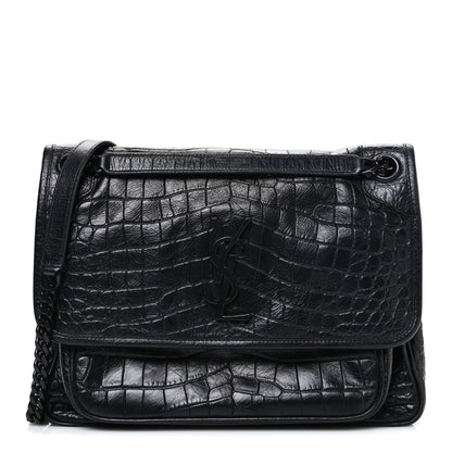 Crocodile Embossed Lambskin Monogram Medium Niki Chain Satchel Black