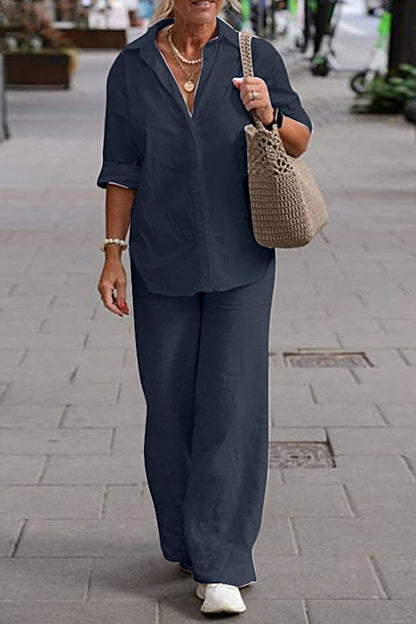 Conjunto de dos piezas: camisa de manga larga con solapa y pantalón ancho de color liso informal