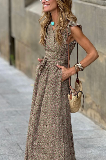Vestido largo floral con escote en V, volantes, manga corta y cintura alta