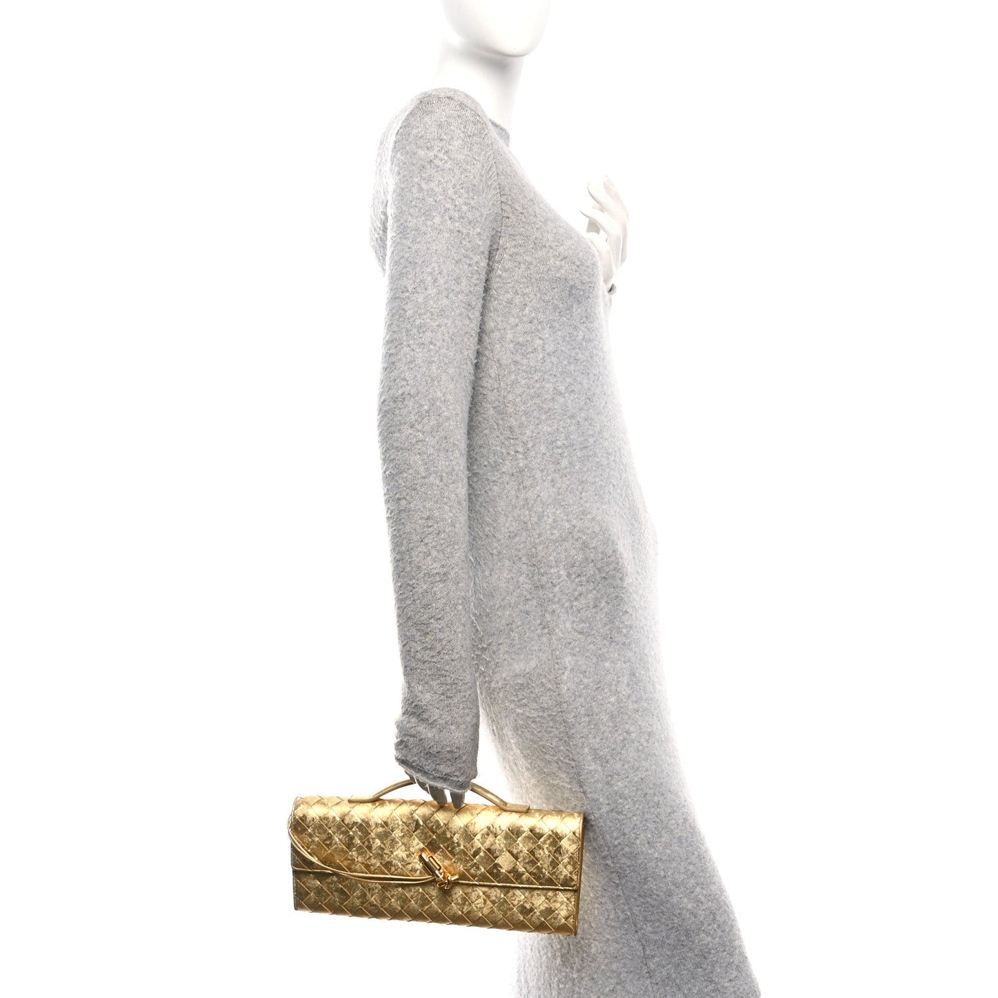 Metallic Lambskin Intrecciato Long Andiamo Top Handle Clutch Gold