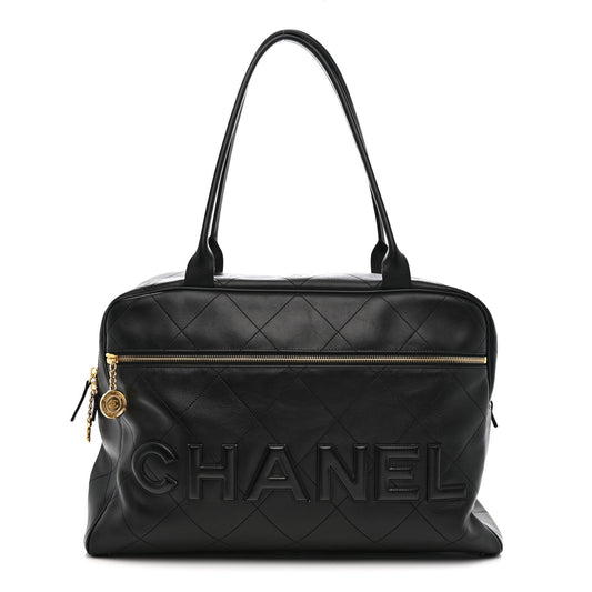 Calfskin Stitched Maxi Logo Bowling Bag Black