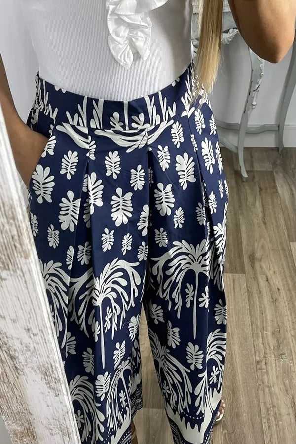 Pantalones anchos de pierna para vacaciones con bolsillo suelto y cintura elástica con estampado único