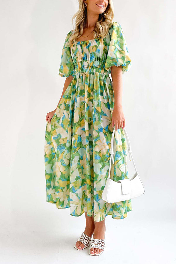 Elegante vestido largo con cuello cuadrado y mangas abullonadas estampadas 