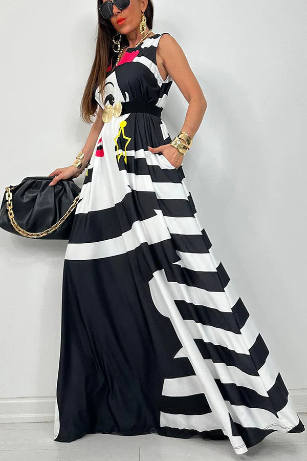 Vestido largo holgado estilo tribal mexicano con bolsillos y estampado único