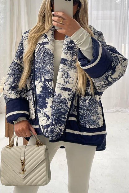 Chaqueta tipo kimono de algodón acolchado con bolsillo y estampado de tinta de porcelana con canciones románticas 