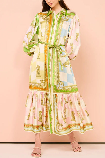 Vestido camisero largo con cinturón y mangas abullonadas con estampado único de satén para fiesta en el jardín