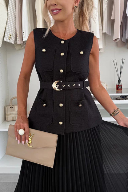 Chaleco holgado, elegante y relajado con cuello redondo, botones y bolsillo con cinturón